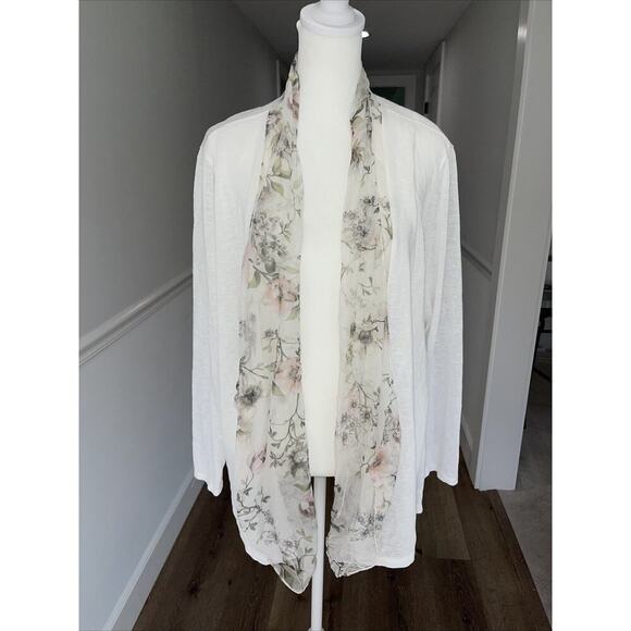 Elena Baldi XL White Open Cardigan Slub Knit Dainty Silk Floral Insert Travel - Picture 1 of 12